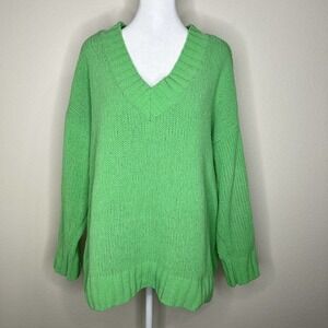 Aerie Green Chenille V-Neck Long Sleeve Chunky Knit Pullover Sweater Sz S